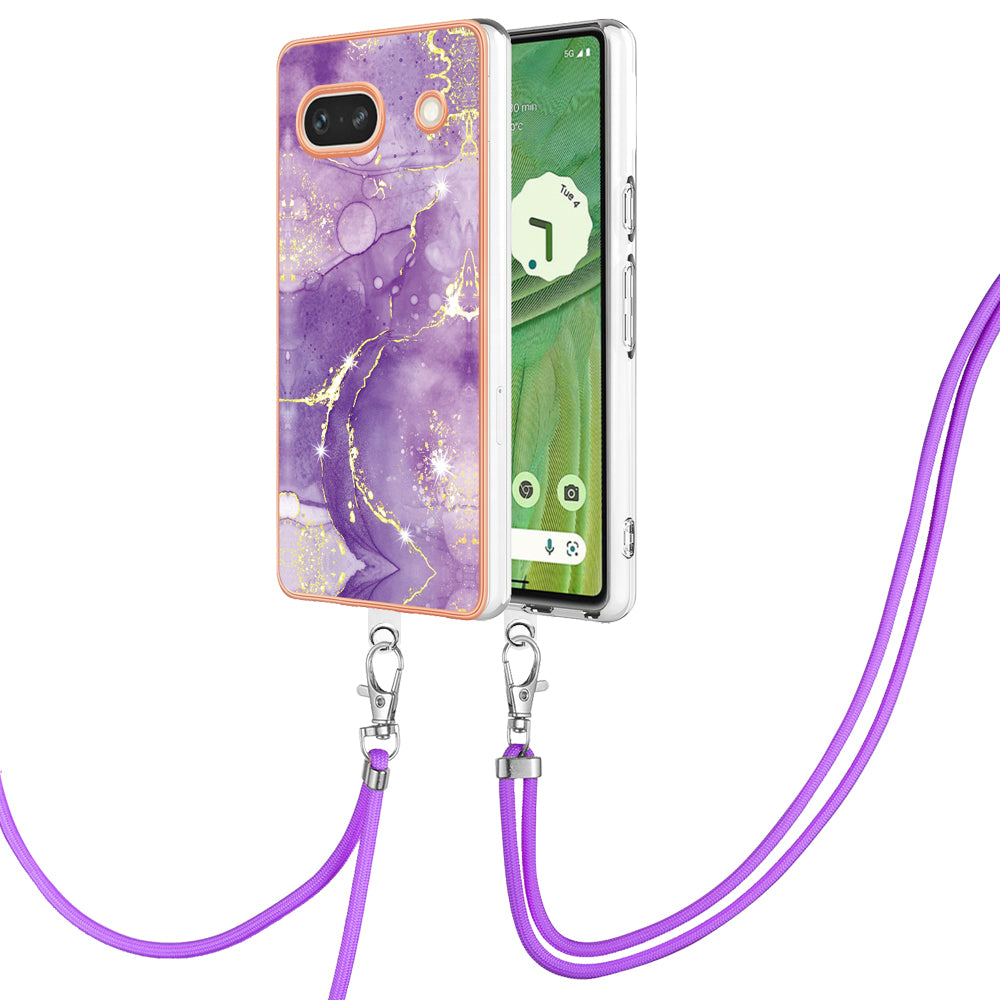 YB IMD Series-9 For Google Pixel 7a Marble Pattern IMD Phone Case Electroplated TPU Cover with Lanyard - Purple 002