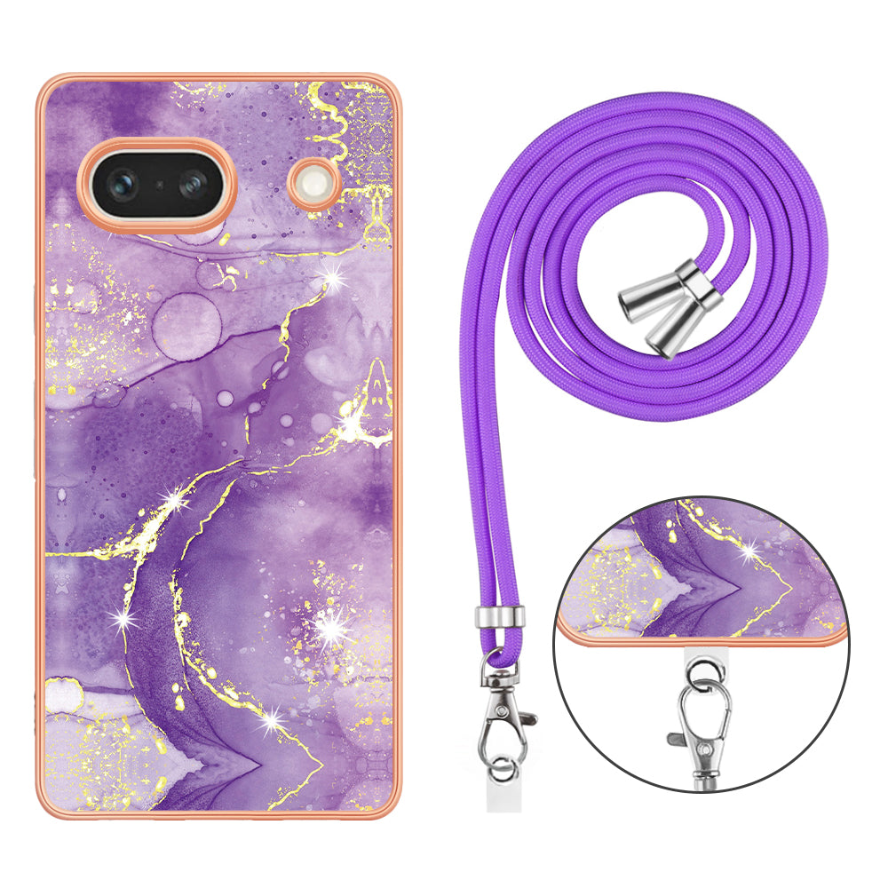 YB IMD Series-9 For Google Pixel 7a Marble Pattern IMD Phone Case Electroplated TPU Cover with Lanyard - Purple 002