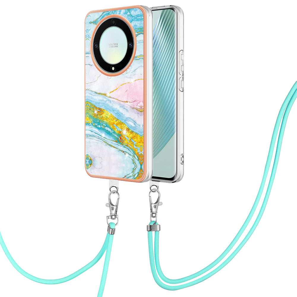 YB IMD Series-9 For Honor X40 5G / X9a 5G / Magic5 Lite 5G IMD Marble Pattern Phone Case Electroplating TPU Cover with Lanyard - Green 004