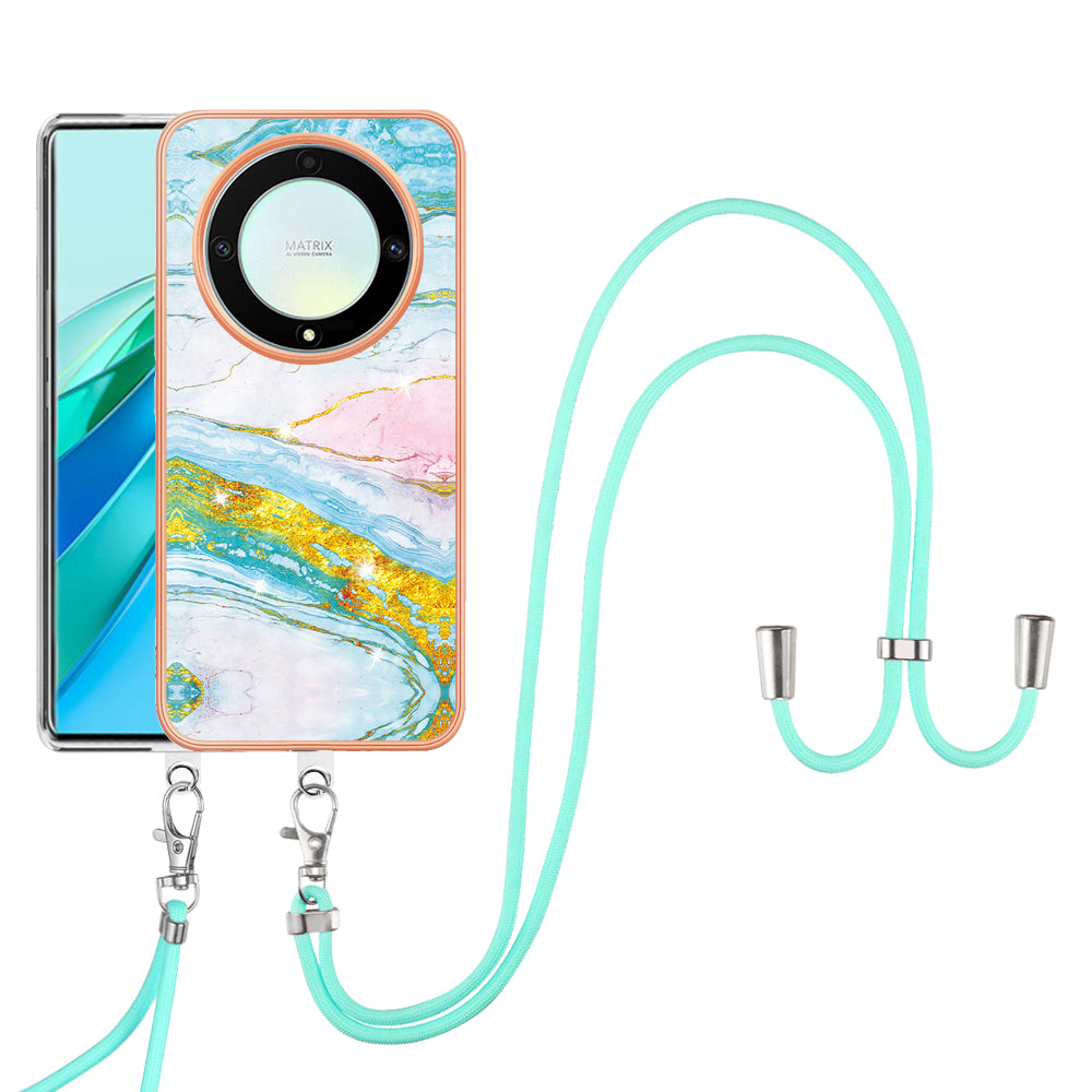 YB IMD Series-9 For Honor X40 5G / X9a 5G / Magic5 Lite 5G IMD Marble Pattern Phone Case Electroplating TPU Cover with Lanyard - Green 004