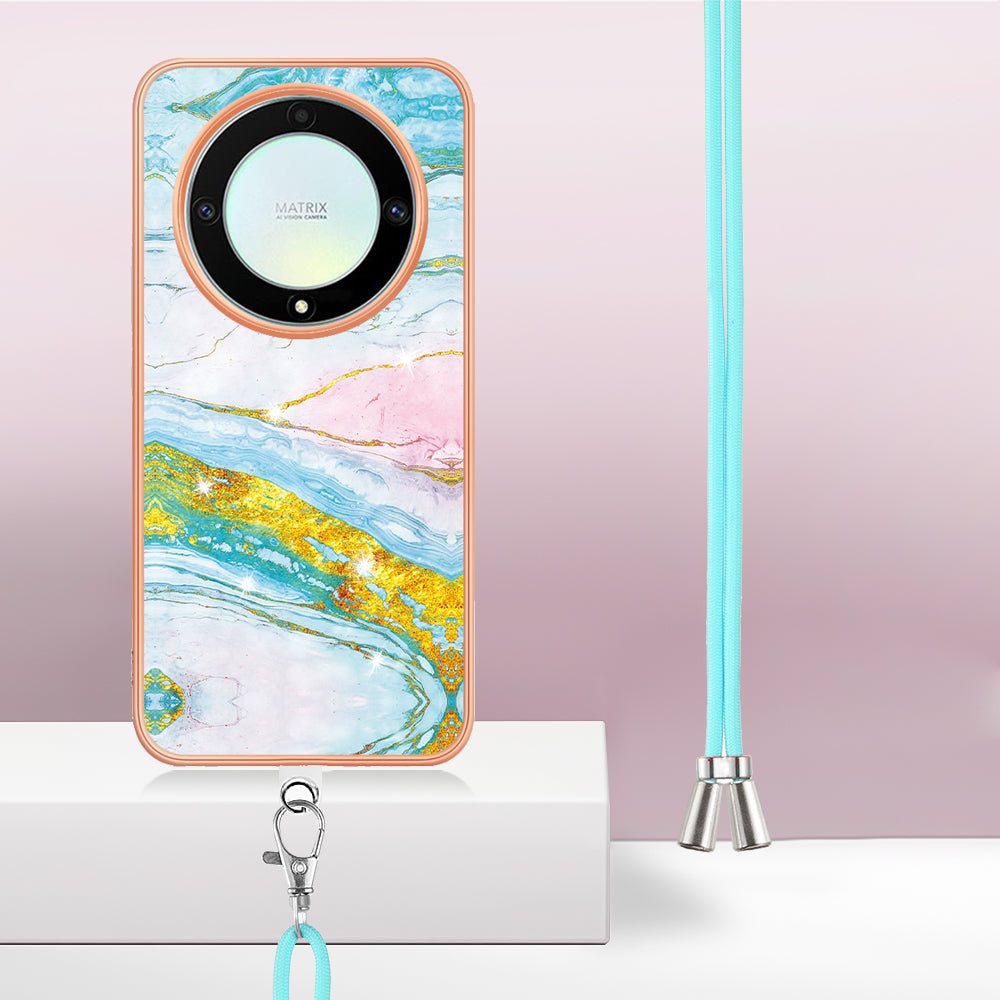 YB IMD Series-9 For Honor X40 5G / X9a 5G / Magic5 Lite 5G IMD Marble Pattern Phone Case Electroplating TPU Cover with Lanyard - Green 004