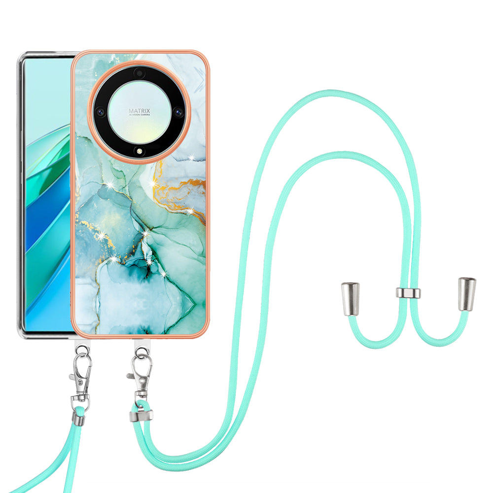 YB IMD Series-9 For Honor X40 5G / X9a 5G / Magic5 Lite 5G IMD Marble Pattern Phone Case Electroplating TPU Cover with Lanyard - Green 003