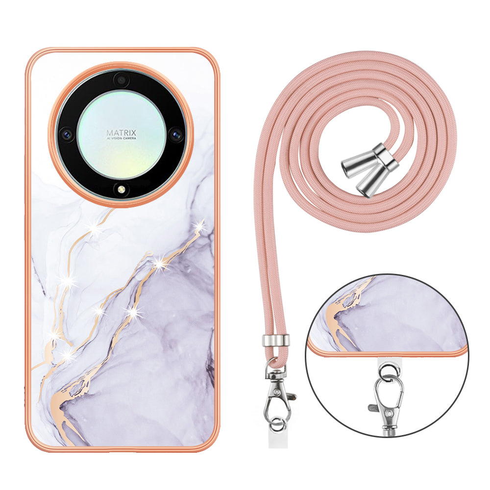 YB IMD Series-9 For Honor X40 5G / X9a 5G / Magic5 Lite 5G IMD Marble Pattern Phone Case Electroplating TPU Cover with Lanyard - White 006