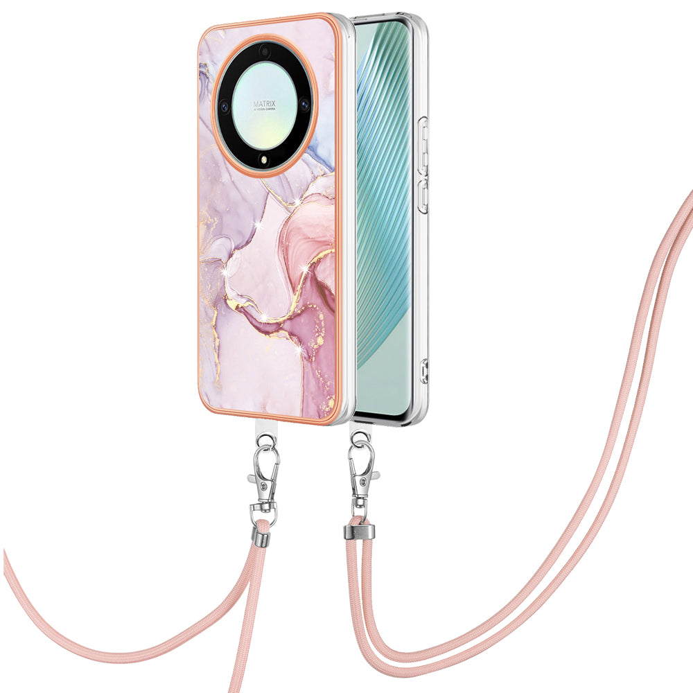 YB IMD Series-9 For Honor X40 5G / X9a 5G / Magic5 Lite 5G IMD Marble Pattern Phone Case Electroplating TPU Cover with Lanyard - Rose Gold 005