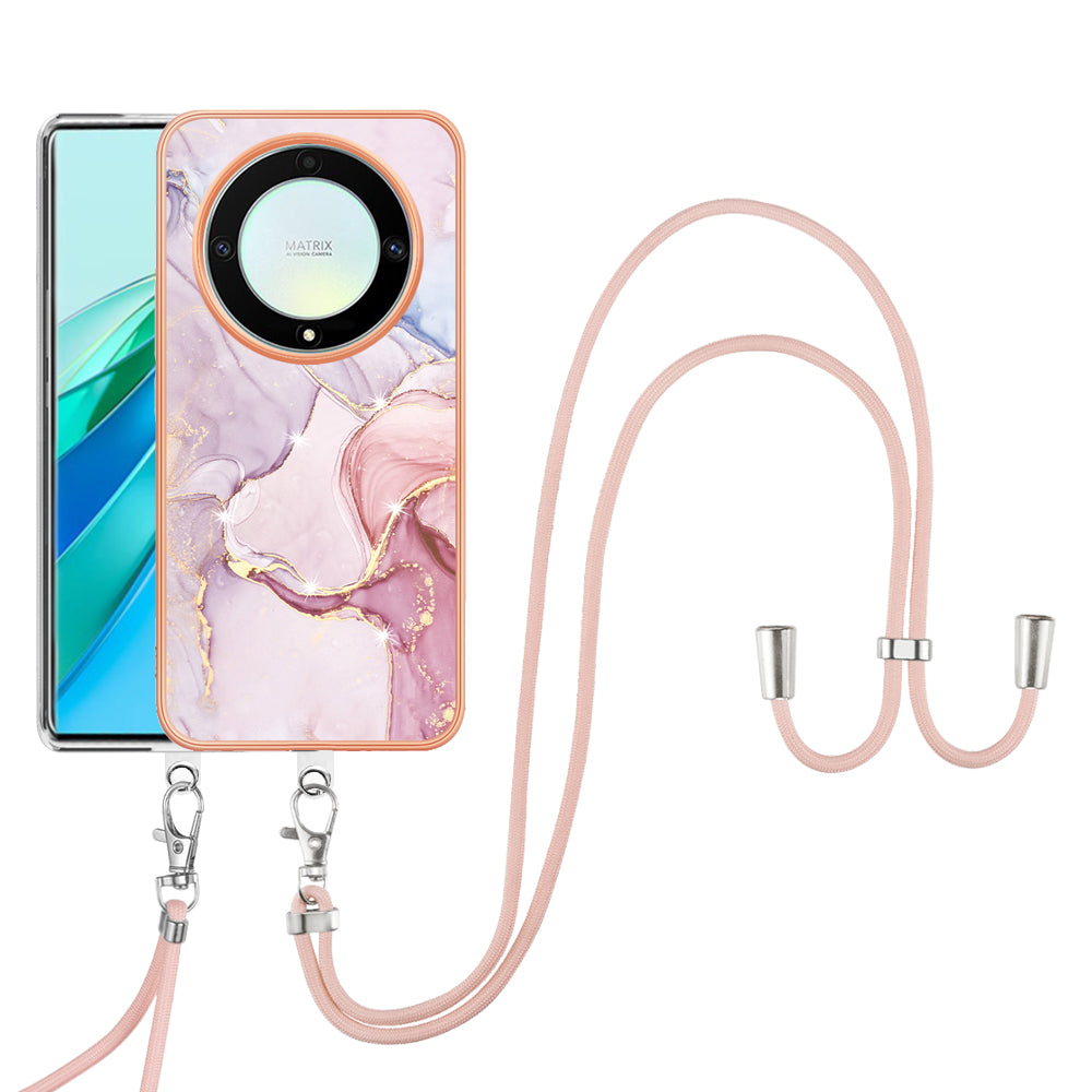 YB IMD Series-9 For Honor X40 5G / X9a 5G / Magic5 Lite 5G IMD Marble Pattern Phone Case Electroplating TPU Cover with Lanyard - Rose Gold 005