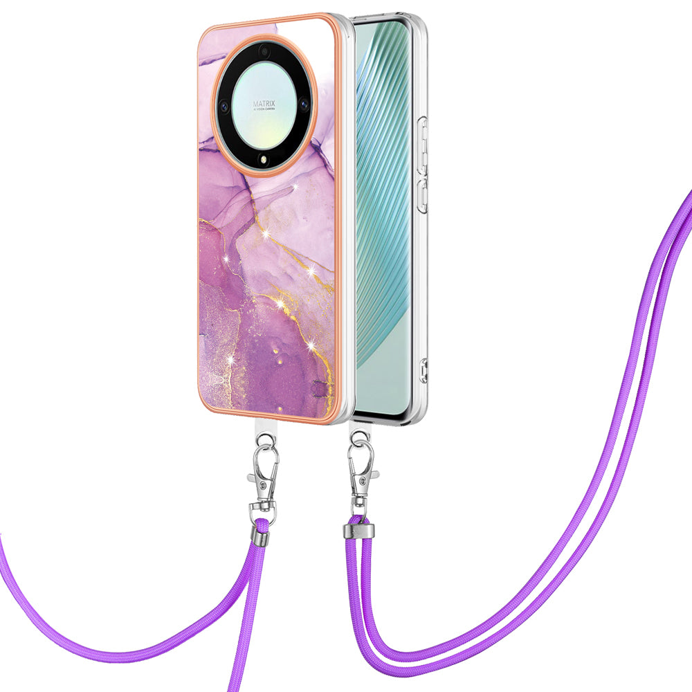 YB IMD Series-9 For Honor X40 5G / X9a 5G / Magic5 Lite 5G IMD Marble Pattern Phone Case Electroplating TPU Cover with Lanyard - Purple 001