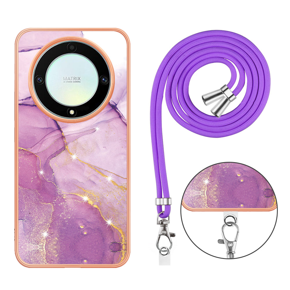 YB IMD Series-9 For Honor X40 5G / X9a 5G / Magic5 Lite 5G IMD Marble Pattern Phone Case Electroplating TPU Cover with Lanyard - Purple 001