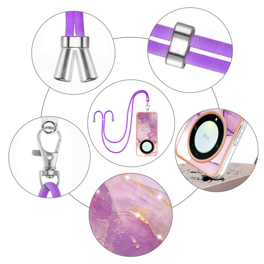 YB IMD Series-9 For Honor X40 5G / X9a 5G / Magic5 Lite 5G IMD Marble Pattern Phone Case Electroplating TPU Cover with Lanyard - Purple 001