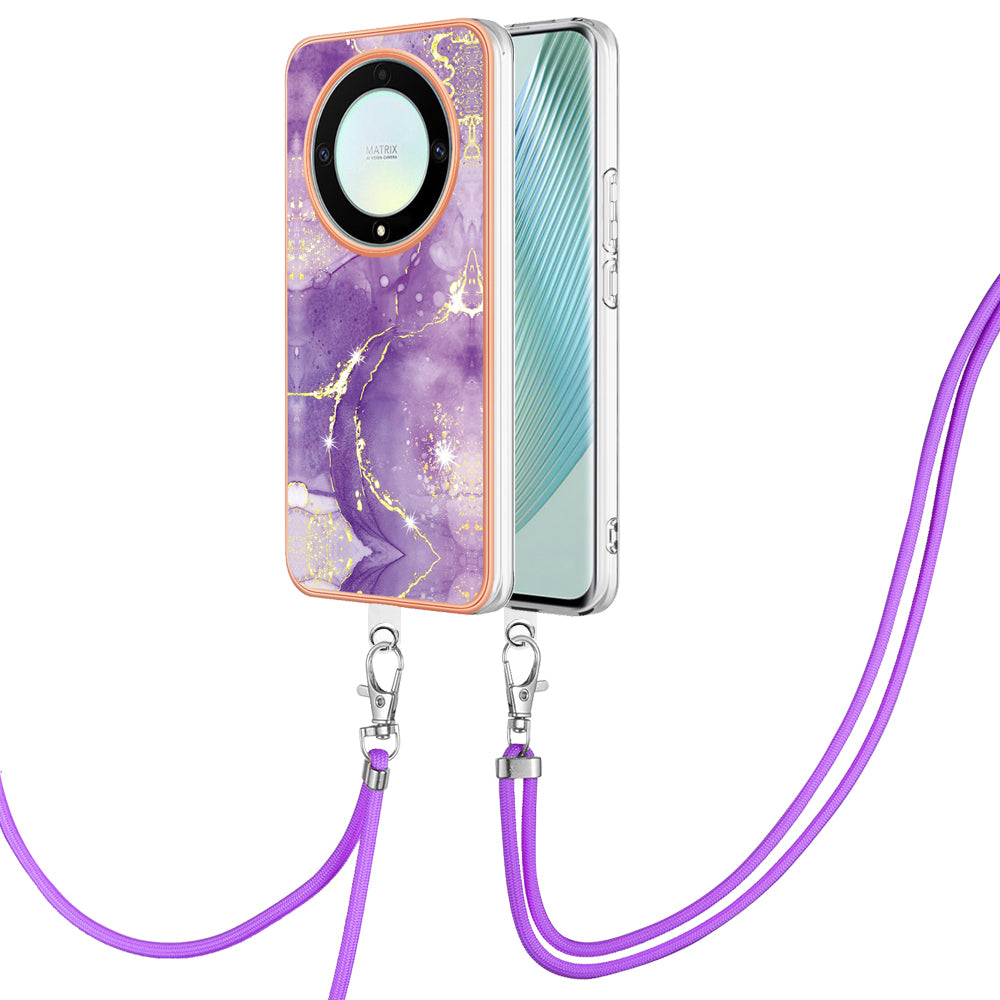 YB IMD Series-9 For Honor X40 5G / X9a 5G / Magic5 Lite 5G IMD Marble Pattern Phone Case Electroplating TPU Cover with Lanyard - Purple 002