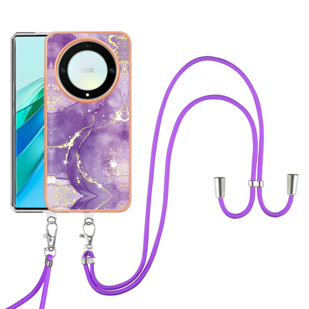 YB IMD Series-9 For Honor X40 5G / X9a 5G / Magic5 Lite 5G IMD Marble Pattern Phone Case Electroplating TPU Cover with Lanyard - Purple 002