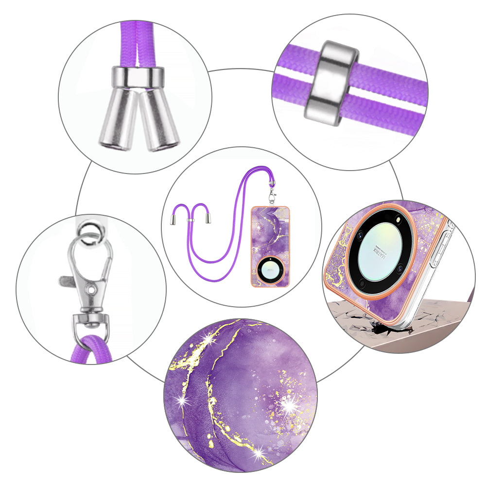 YB IMD Series-9 For Honor X40 5G / X9a 5G / Magic5 Lite 5G IMD Marble Pattern Phone Case Electroplating TPU Cover with Lanyard - Purple 002