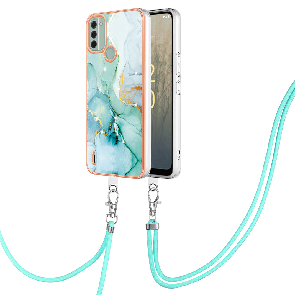 YB IMD Series-9 For Nokia C31 4G Marble Pattern Phone Case Electroplating IMD TPU Back Cover with Lanyard - Green 003