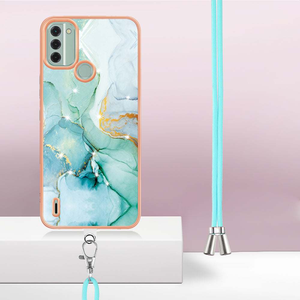 YB IMD Series-9 For Nokia C31 4G Marble Pattern Phone Case Electroplating IMD TPU Back Cover with Lanyard - Green 003