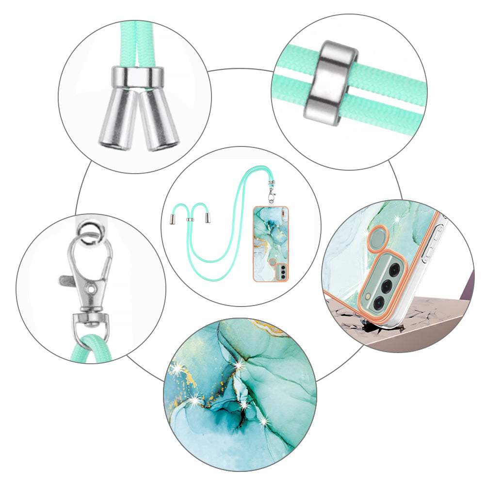 YB IMD Series-9 For Nokia C31 4G Marble Pattern Phone Case Electroplating IMD TPU Back Cover with Lanyard - Green 003