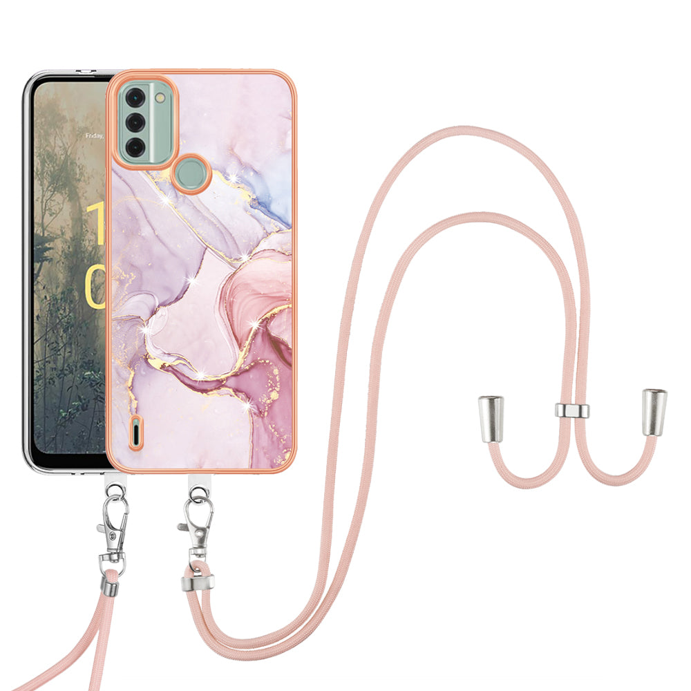 YB IMD Series-9 For Nokia C31 4G Marble Pattern Phone Case Electroplating IMD TPU Back Cover with Lanyard - Rose Gold 005