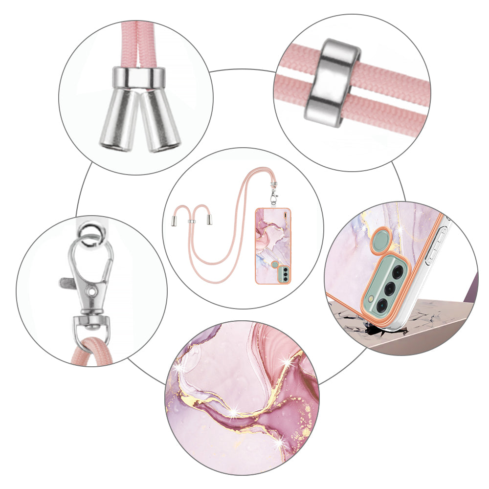 YB IMD Series-9 For Nokia C31 4G Marble Pattern Phone Case Electroplating IMD TPU Back Cover with Lanyard - Rose Gold 005