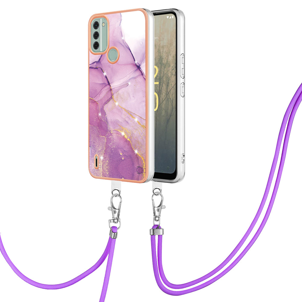YB IMD Series-9 For Nokia C31 4G Marble Pattern Phone Case Electroplating IMD TPU Back Cover with Lanyard - Purple 001