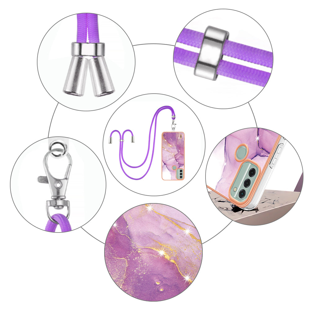 YB IMD Series-9 For Nokia C31 4G Marble Pattern Phone Case Electroplating IMD TPU Back Cover with Lanyard - Purple 001