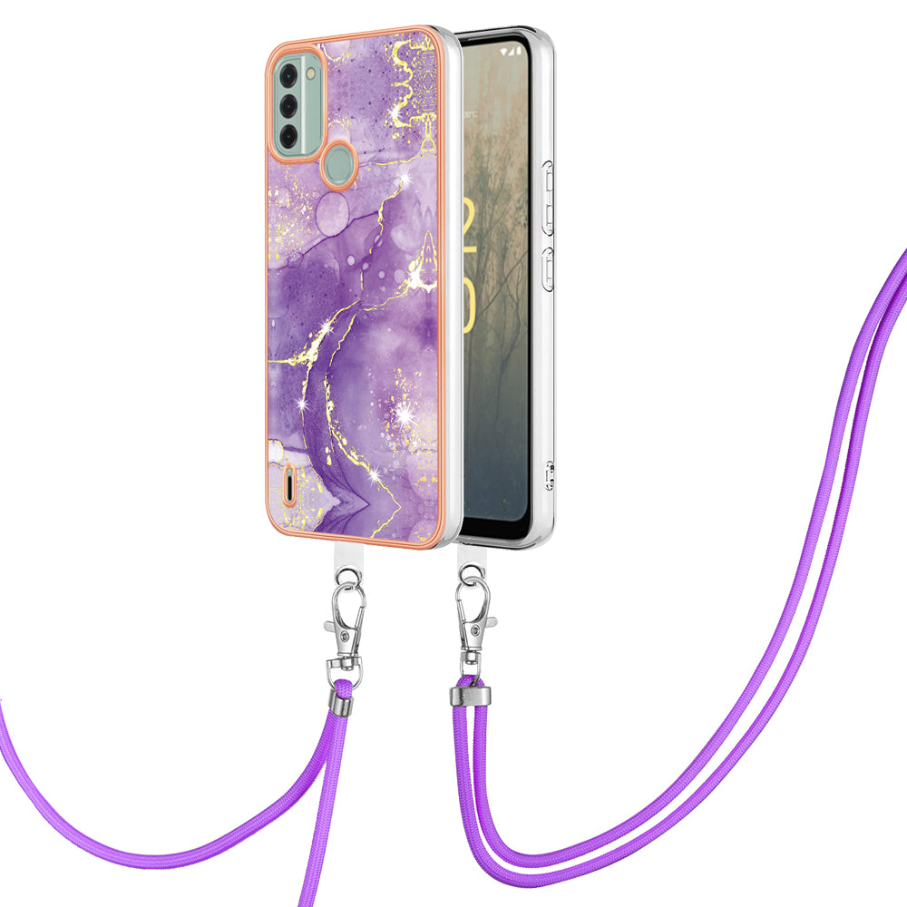 YB IMD Series-9 For Nokia C31 4G Marble Pattern Phone Case Electroplating IMD TPU Back Cover with Lanyard - Purple 002