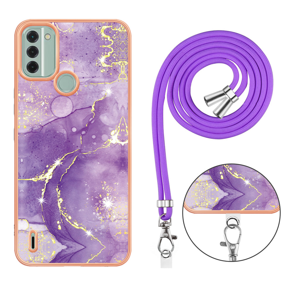 YB IMD Series-9 For Nokia C31 4G Marble Pattern Phone Case Electroplating IMD TPU Back Cover with Lanyard - Purple 002