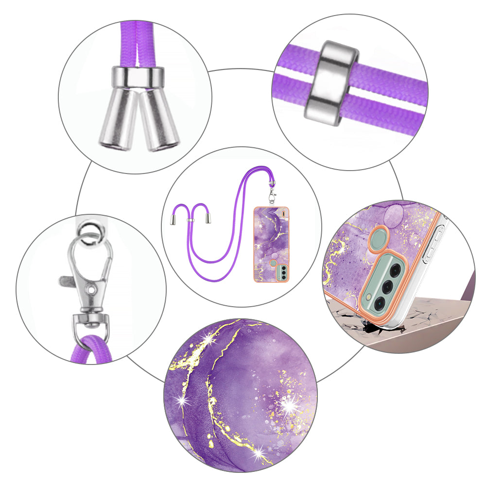 YB IMD Series-9 For Nokia C31 4G Marble Pattern Phone Case Electroplating IMD TPU Back Cover with Lanyard - Purple 002