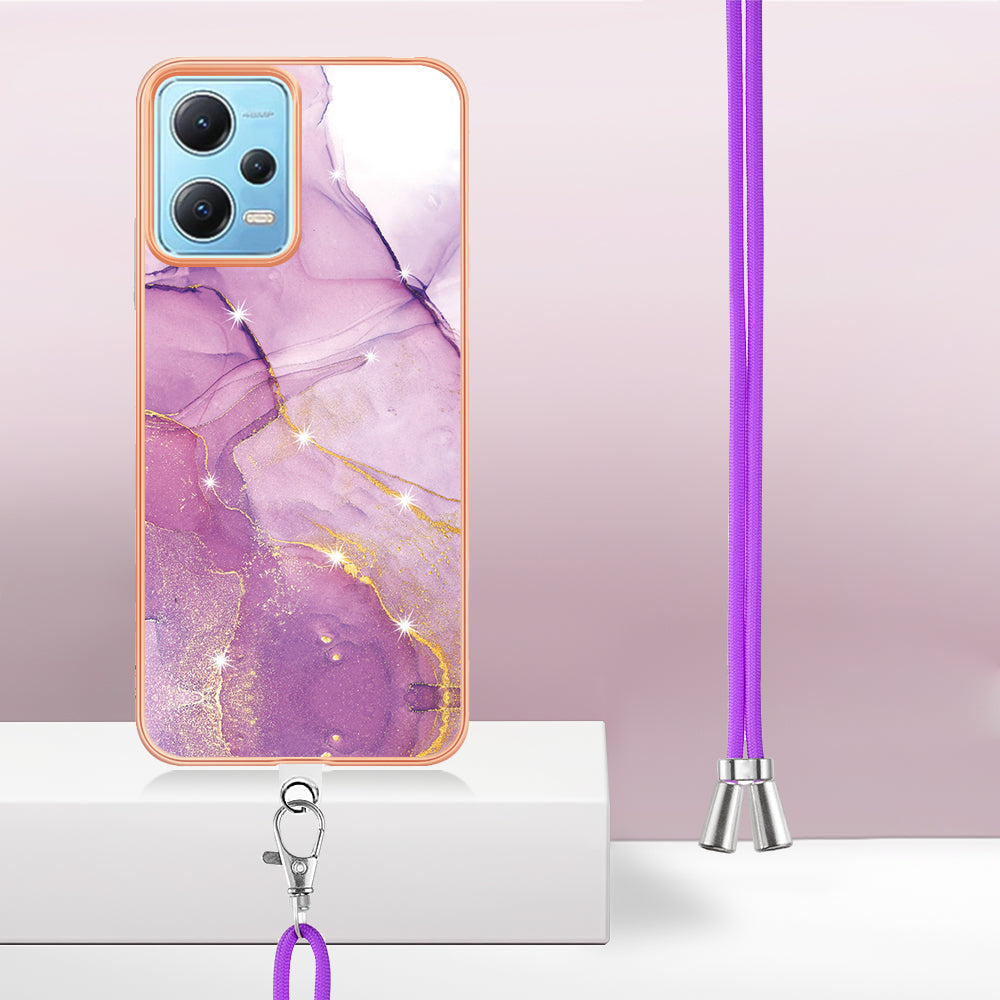 YB IMD Series-9 Marble Pattern Phone Case for Xiaomi Redmi Note 12 5G (China) / (India) / (Global) / Poco X5 5G , Electroplating Frame TPU Cover - Purple 001