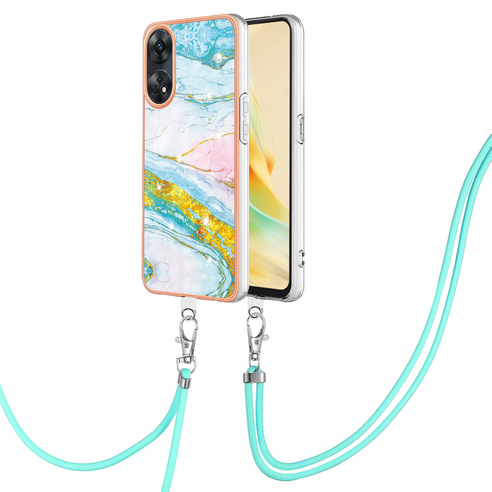 YB IMD Series-9 Electroplated TPU Cover for Oppo Reno8 T 4G Marble Pattern IMD Phone Case with Lanyard - Green 004