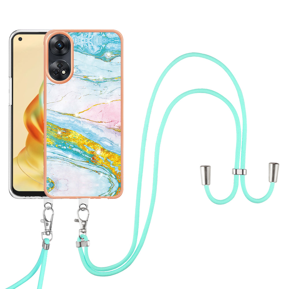 YB IMD Series-9 Electroplated TPU Cover for Oppo Reno8 T 4G Marble Pattern IMD Phone Case with Lanyard - Green 004