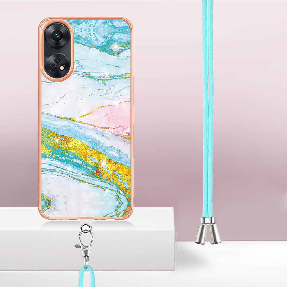 YB IMD Series-9 Electroplated TPU Cover for Oppo Reno8 T 4G Marble Pattern IMD Phone Case with Lanyard - Green 004