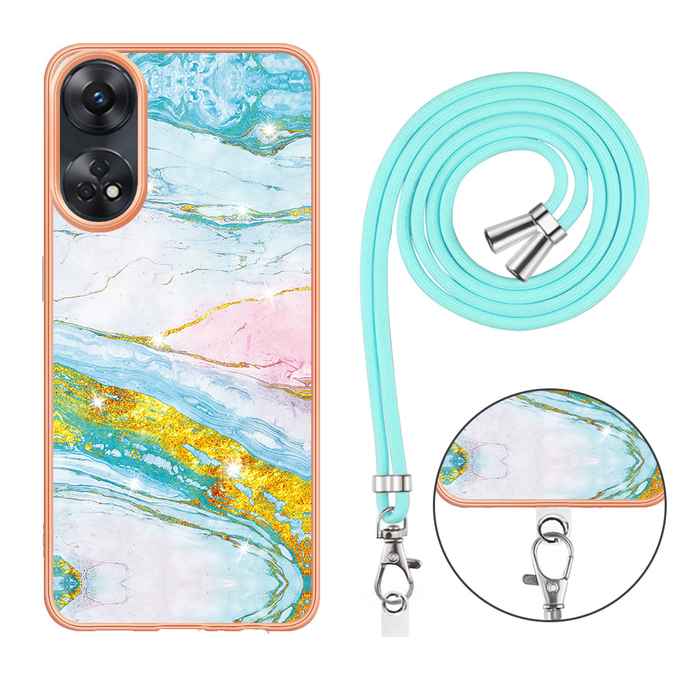 YB IMD Series-9 Electroplated TPU Cover for Oppo Reno8 T 4G Marble Pattern IMD Phone Case with Lanyard - Green 004
