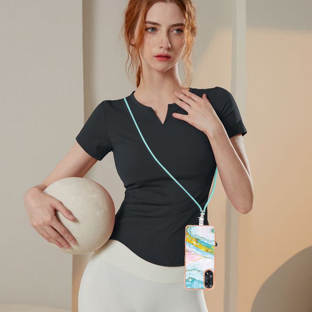 YB IMD Series-9 Electroplated TPU Cover for Oppo Reno8 T 4G Marble Pattern IMD Phone Case with Lanyard - Green 004