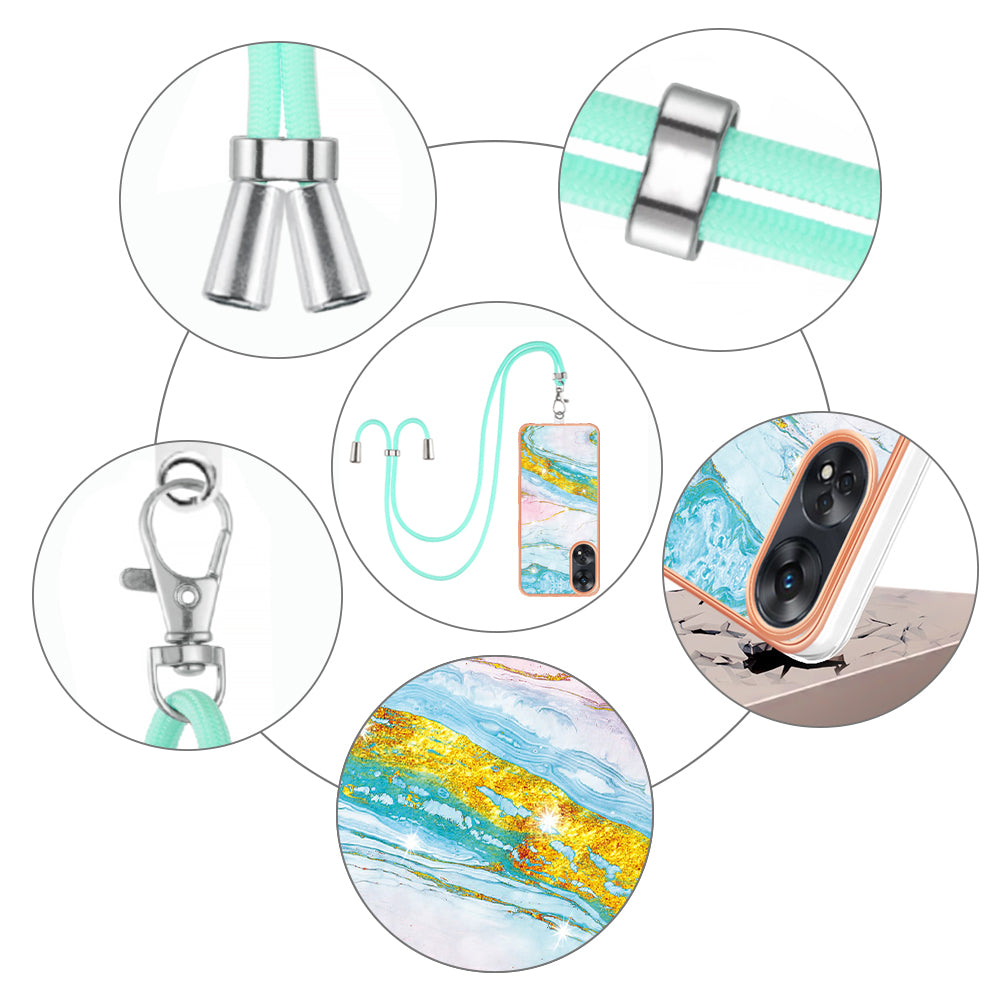 YB IMD Series-9 Electroplated TPU Cover for Oppo Reno8 T 4G Marble Pattern IMD Phone Case with Lanyard - Green 004