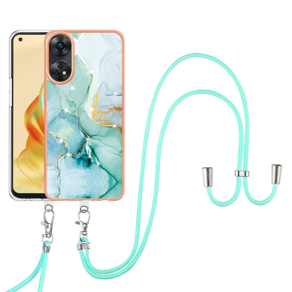 YB IMD Series-9 Electroplated TPU Cover for Oppo Reno8 T 4G Marble Pattern IMD Phone Case with Lanyard - Green 003