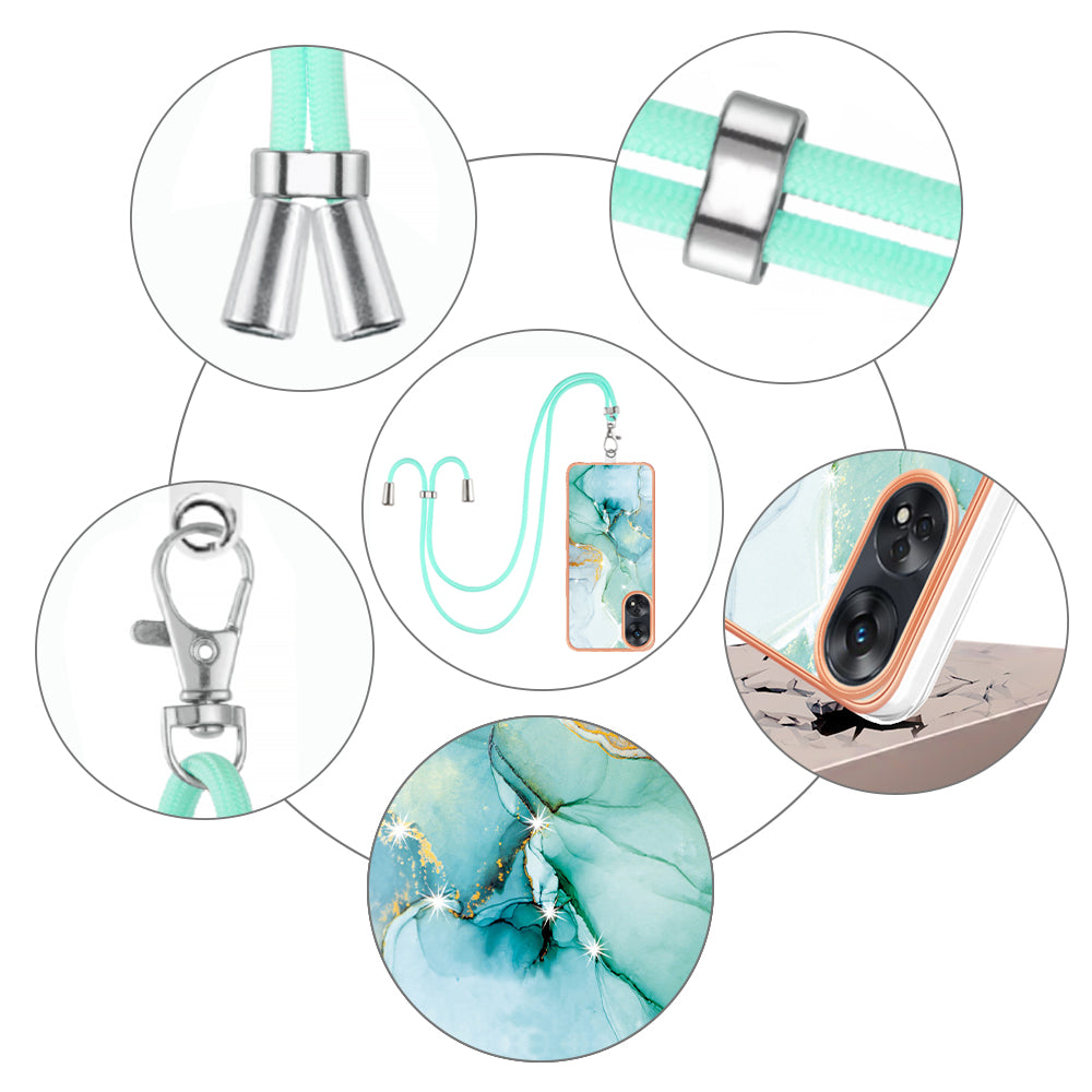 YB IMD Series-9 Electroplated TPU Cover for Oppo Reno8 T 4G Marble Pattern IMD Phone Case with Lanyard - Green 003