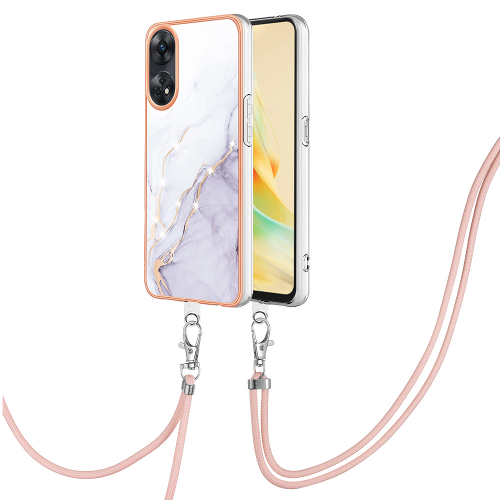 YB IMD Series-9 Electroplated TPU Cover for Oppo Reno8 T 4G Marble Pattern IMD Phone Case with Lanyard - White 006