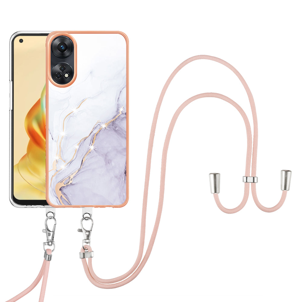 YB IMD Series-9 Electroplated TPU Cover for Oppo Reno8 T 4G Marble Pattern IMD Phone Case with Lanyard - White 006