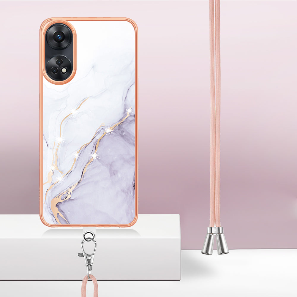 YB IMD Series-9 Electroplated TPU Cover for Oppo Reno8 T 4G Marble Pattern IMD Phone Case with Lanyard - White 006