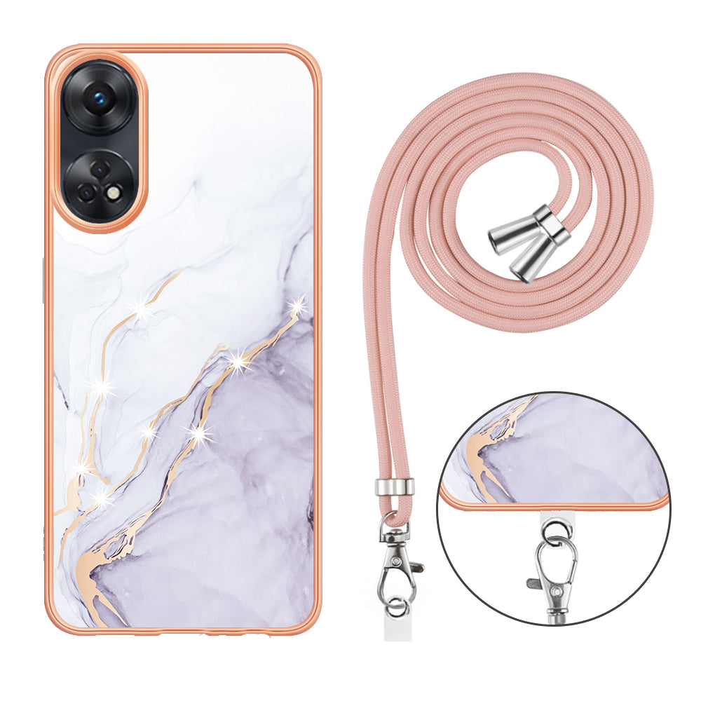 YB IMD Series-9 Electroplated TPU Cover for Oppo Reno8 T 4G Marble Pattern IMD Phone Case with Lanyard - White 006
