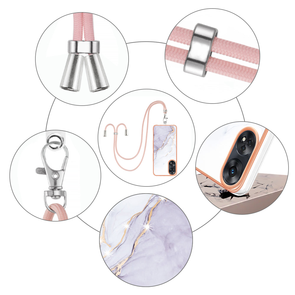 YB IMD Series-9 Electroplated TPU Cover for Oppo Reno8 T 4G Marble Pattern IMD Phone Case with Lanyard - White 006