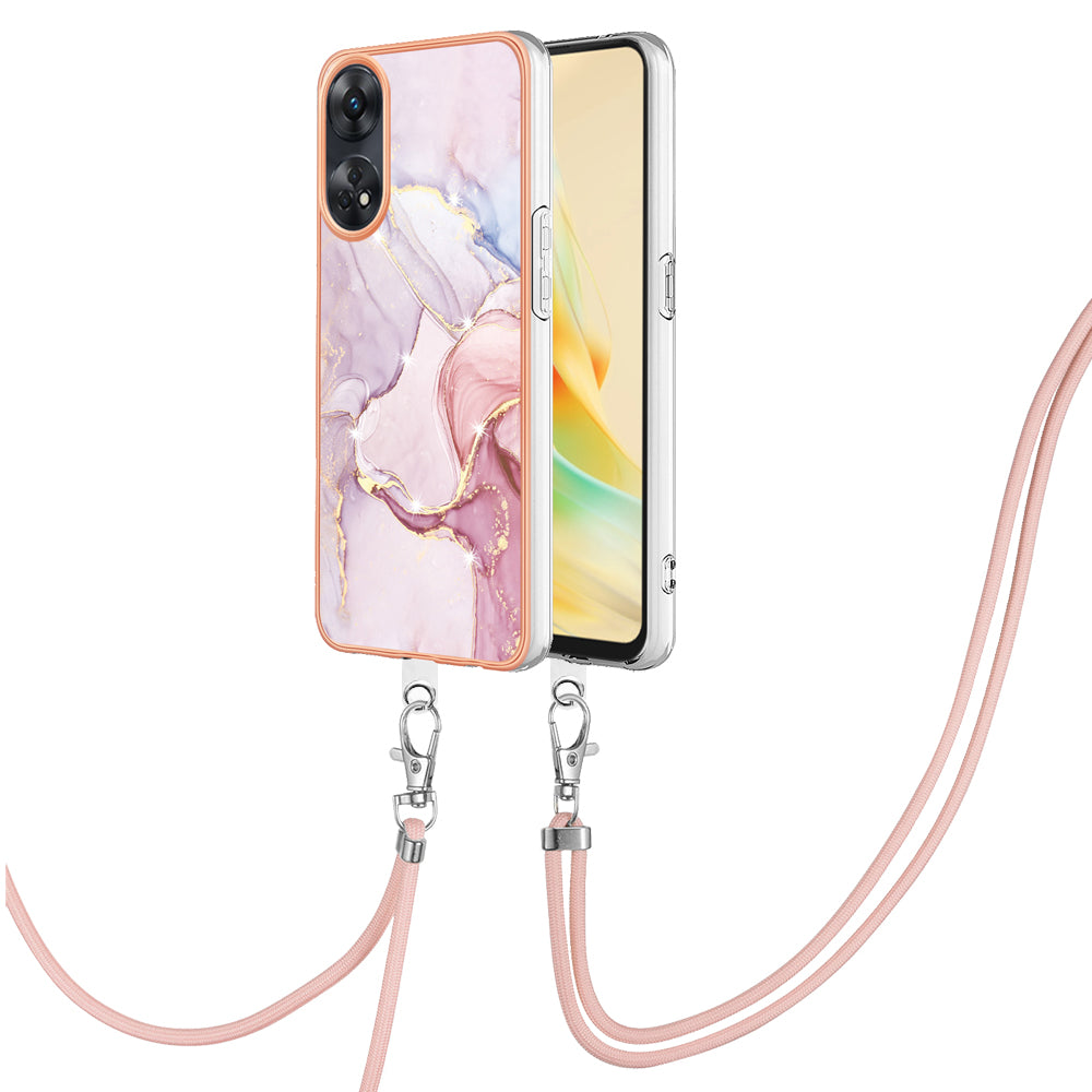 YB IMD Series-9 Electroplated TPU Cover for Oppo Reno8 T 4G Marble Pattern IMD Phone Case with Lanyard - Rose Gold 005