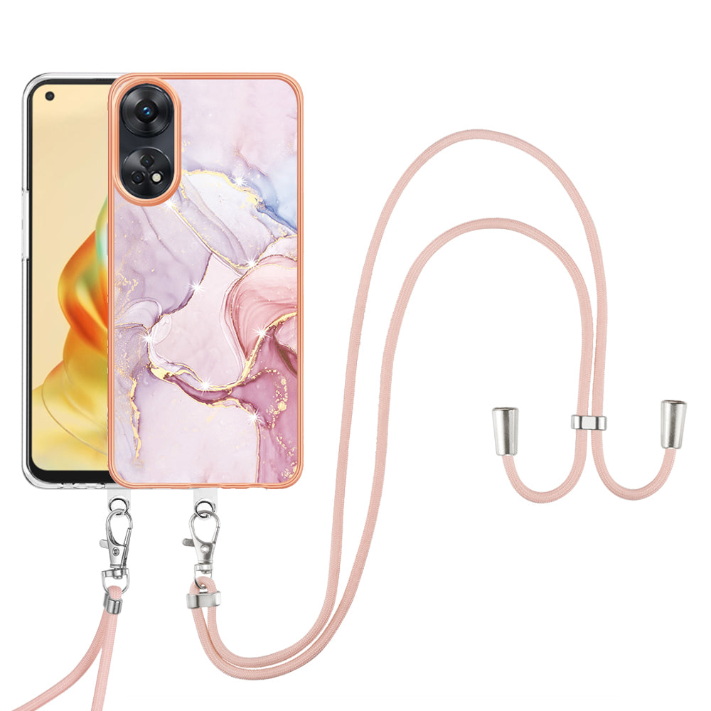 YB IMD Series-9 Electroplated TPU Cover for Oppo Reno8 T 4G Marble Pattern IMD Phone Case with Lanyard - Rose Gold 005