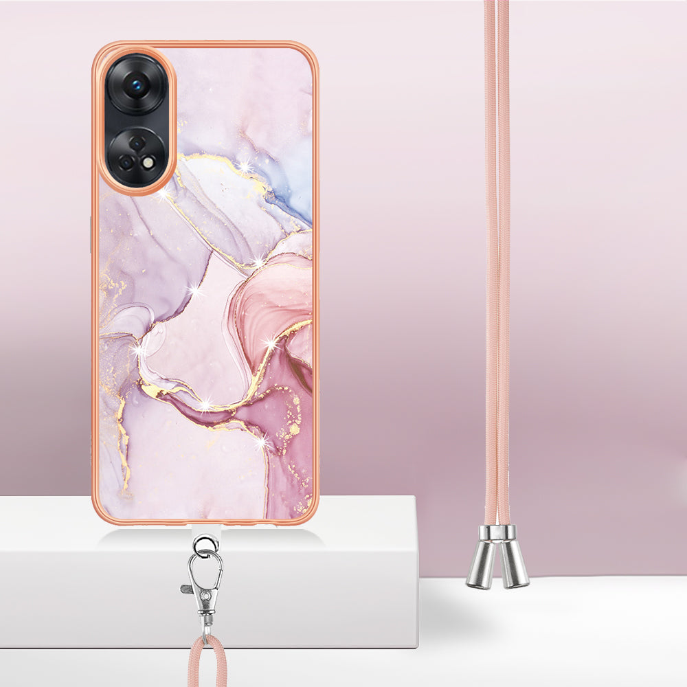 YB IMD Series-9 Electroplated TPU Cover for Oppo Reno8 T 4G Marble Pattern IMD Phone Case with Lanyard - Rose Gold 005