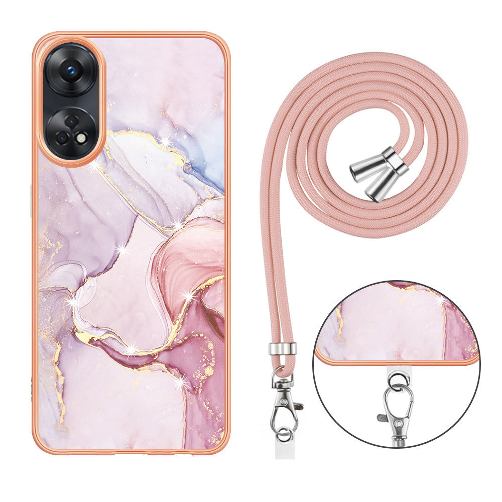 YB IMD Series-9 Electroplated TPU Cover for Oppo Reno8 T 4G Marble Pattern IMD Phone Case with Lanyard - Rose Gold 005