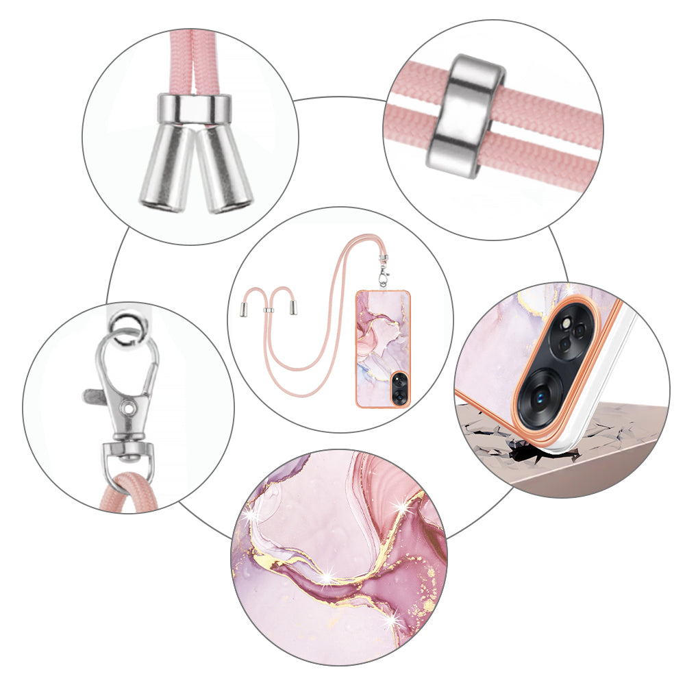 YB IMD Series-9 Electroplated TPU Cover for Oppo Reno8 T 4G Marble Pattern IMD Phone Case with Lanyard - Rose Gold 005