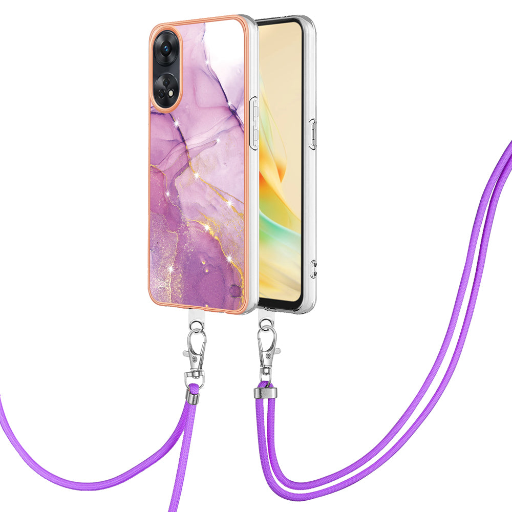 YB IMD Series-9 Electroplated TPU Cover for Oppo Reno8 T 4G Marble Pattern IMD Phone Case with Lanyard - Purple 001