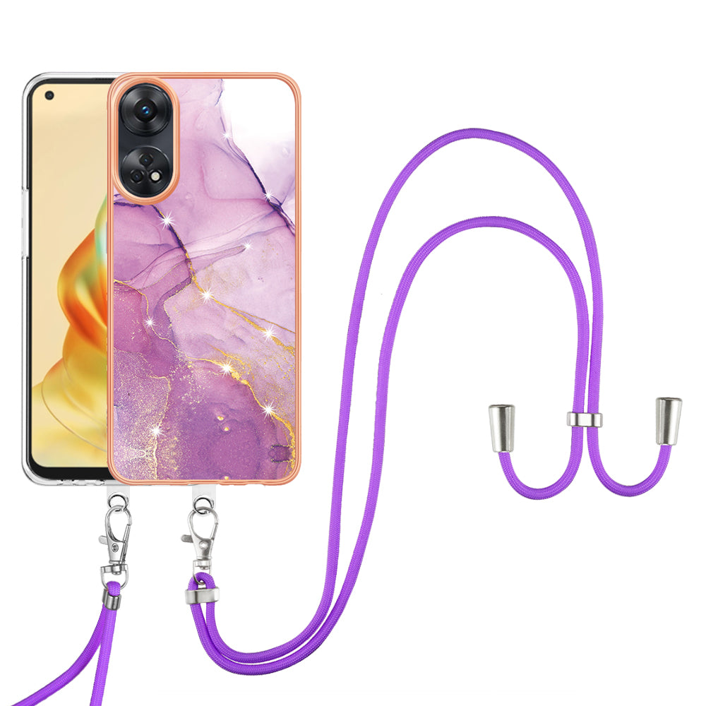 YB IMD Series-9 Electroplated TPU Cover for Oppo Reno8 T 4G Marble Pattern IMD Phone Case with Lanyard - Purple 001