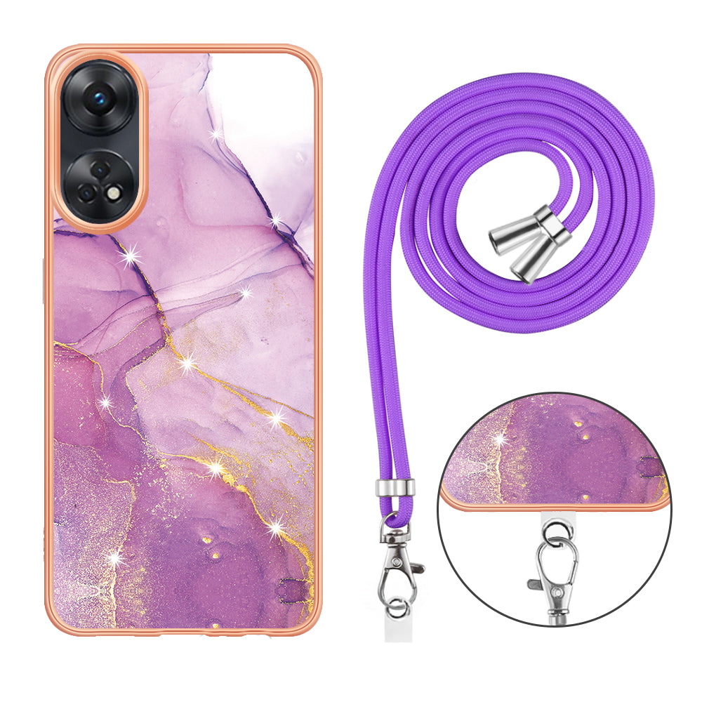 YB IMD Series-9 Electroplated TPU Cover for Oppo Reno8 T 4G Marble Pattern IMD Phone Case with Lanyard - Purple 001