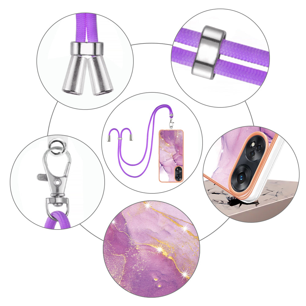 YB IMD Series-9 Electroplated TPU Cover for Oppo Reno8 T 4G Marble Pattern IMD Phone Case with Lanyard - Purple 001