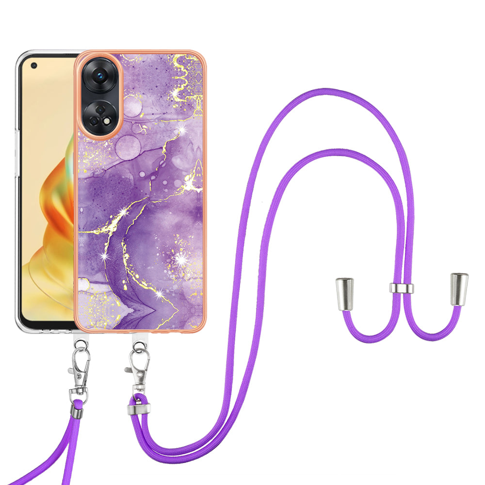 YB IMD Series-9 Electroplated TPU Cover for Oppo Reno8 T 4G Marble Pattern IMD Phone Case with Lanyard - Purple 002