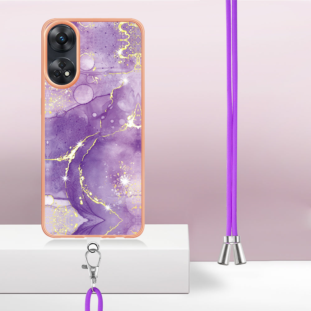 YB IMD Series-9 Electroplated TPU Cover for Oppo Reno8 T 4G Marble Pattern IMD Phone Case with Lanyard - Purple 002